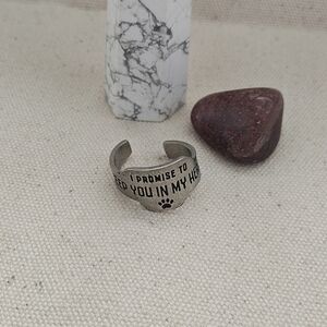 Silver Tone Adjustable Ring with Paw Print and Sentiment